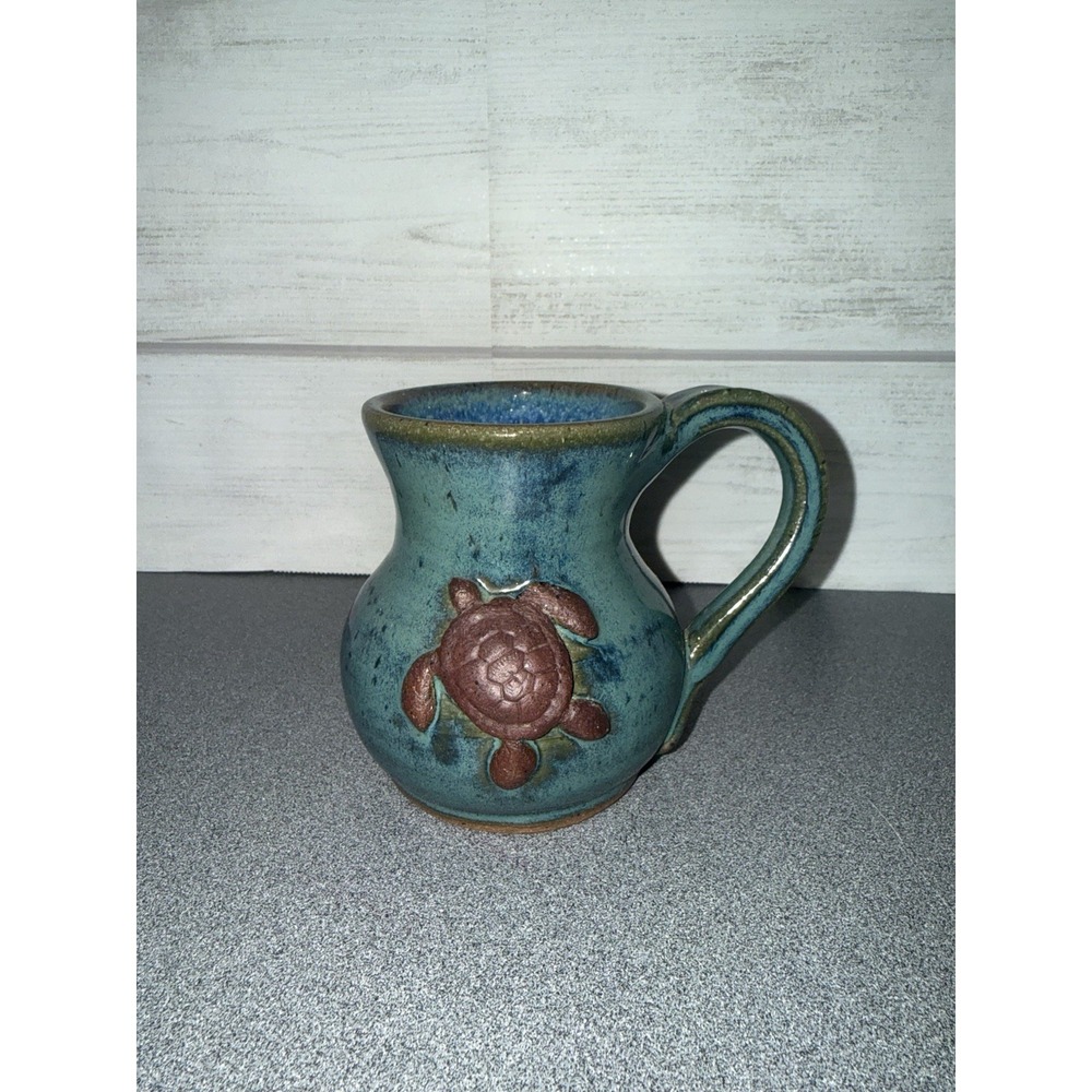 Signed Handmade Pottery 3d  Sea Turtle Coffee Tea Mug Turquoise Green